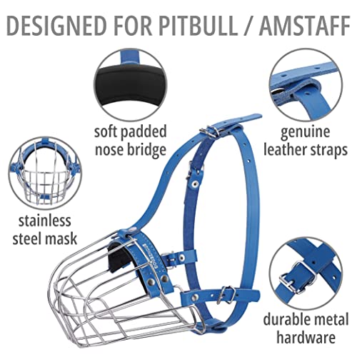 BRONZEDOG Pitbull Dog Muzzle Breathable Metal Basket for Large Dogs Amstaff Staffordshire Terrier Biting Chewing Barking (Leather, Blue) - color: Leather, Blue