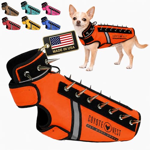 CoyoteVest SpikeVest Dog Harness | Stab-Resistant Protective Vest | Coyote Vest for Dogs | Defends Against Coyotes, Dogs, Birds of Prey | Reflective Safety, Made in USA (XXS-Fluorescent Orange) - color: Fluorescent Orange, size: XX-Small