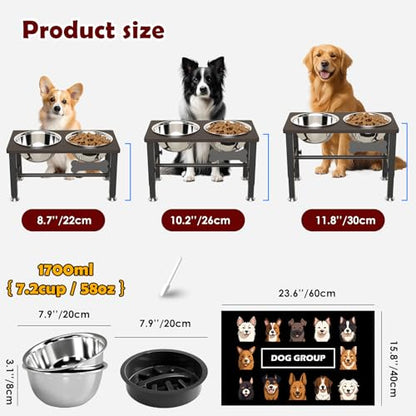 SHAINFUN Elevated Dog Bowls with Slow Feeder & Mat for Medium and Large Dogs, 12" Tall Adjustable Wooden & Metal Raised Dog Bowl Stand, 2 Stainless Steel 58oz Bowls for Food & Water - color: Brown-1.7L