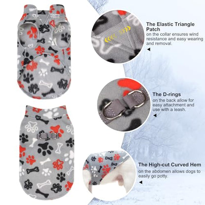 BEAUTYZOO Small Dog Sweater Fleece Vest Winter Jacket, D-Ring Leash Attachment for XS S Puppy Medium Sized Breeds Dogs, Cold Weather Dog Clothes Windproof Keep Warm, Grey Bone Paw S - color: GREY PAW, size: Small