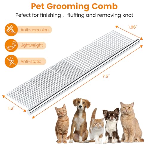 PETTOM Pet Steel Grooming Tool Poodle Finishing Butter Comb 7 1/2-inch L Silver Dog Combs with Rounded Ends Stainless Steel Teeth, Cat Comb for Removing Tangles and Knots - style: Comb B
