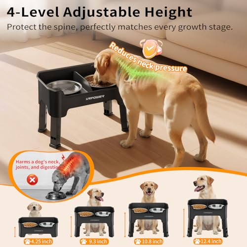 URPOWER Mess Proof Elevated Dog Bowls, High Wall Splash Guard Design, 4 Height Adjustable Raised Bowl Stand, 2 Stainless Steel Bowls, Non-Slip Food Water Set for Small Medium Large Dogs - color: Black, size: Medium