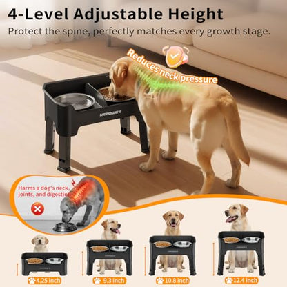 URPOWER Mess Proof Elevated Dog Bowls, High Wall Splash Guard Design, 4 Height Adjustable Raised Bowl Stand, 2 Stainless Steel Bowls, Non-Slip Food Water Set for Small Medium Large Dogs - color: Black, size: Medium
