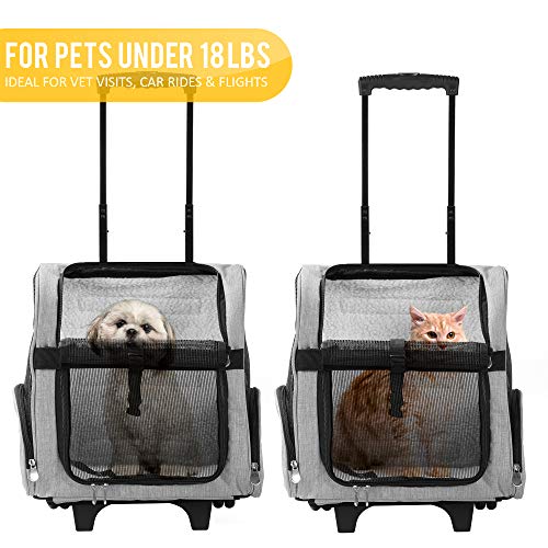 KOPEKS Deluxe Backpack Pet Travel Carrier with Double Wheels for Pets up to 18 Pounds - Grey - color: Grey, size: 17.5"L x 13.0"W x 20.0"H