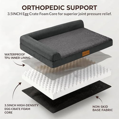 Patas Lague Orthopedic Dog Bed Medium Size Dog 30''X20'', Waterproof L Bolster Medium Pet Sofa Beds with Removable Washable Cover, Soft Pet Couch Crate Mat with Nonskid Bottom, Dark Grey - color: Dark Grey, size: 30"L x 20"W x 3.5"Th