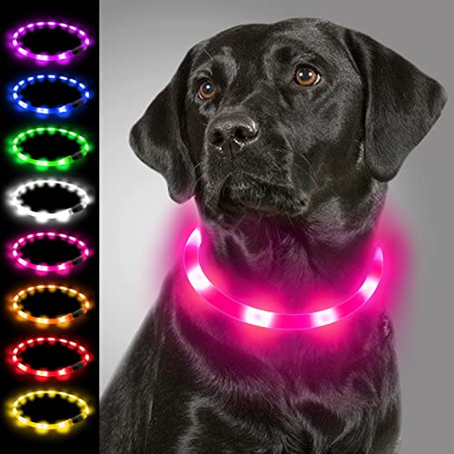 Joytale Light Up Dog Collar, Rechargeable Rainproof LED Collar for Night Walking Safety, Soft Silicone Glow in The Dark, Suitable for Small Medium Large Dogs, HotPink - color: Pink