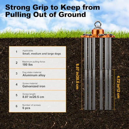 Dog Tie Out Stake and Cable, 360° Swivel Stake No Tangle, Heavy Duty Tether for Yard with 20 ft Cable, 6 Screw, Dog Runner Holds up to 180 lbs of Pull Force for Outside Camping Yard, Orange - style: Dog Stake+20ft Cable/180lbs