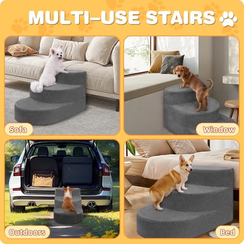 Dog Stairs 3 Steps Foam Pet Ramp for Small Dogs Cats, Grey | Non-slip foam stairs with washable cover, ideal for beds & sofas. Sturdy, safe & easy to clean. - color: Gray-3-Step