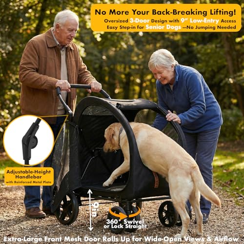 PAWZIDEA 3-in-1 Dog Stroller for Large Dogs with Detachable Carrier up to 100lb, 45% Extra Tall Dog Car Crate Sit Upright, Foldable Pet Stroller for 2 Medium Dogs All-Terrain Jogger, Adjustable Handle - color: Black Warrior