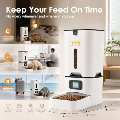 TYM Automatic Cat Feeder, 7L Large Capacity Cat Food Dispenser with Programmable Timer, Portion Control up to 9 Meals/Day, Dual Power Supply, Fresh Food, Easy to Clean for Cats and Small Dogs - color: White-1a