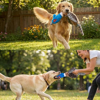 24” Jumbo Quilted Duck Dog Toy – Durable Tie-Dye Plush Bird with Double Squeakers & Crinkle Sound, No Stuffing Interactive Toy for Medium & Large Dogs - color: Blue/Brown/Orange