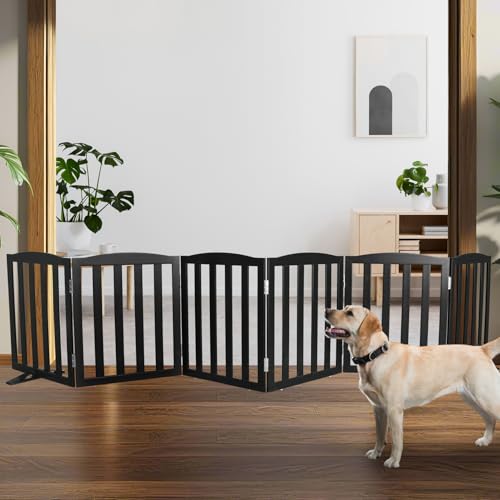 Freestanding Dog Gate Indoor,Doggie Gate Foldable Pet Gates for Doorways,Stairs or Hallways, Wooden Black Pet Gate for the House, Pet Fence with Support Feet Included,24 "Height-6 Panels - color: Black, size: 【6 Panels】120‘’w x 24''h