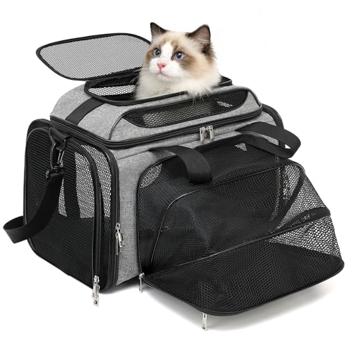 18x11x11 Small Cat/Dog/Pet Carrier – Airline Approved, Collapsible with Expandable Top and Sides. Soft-Sided Travel Puppy Carry Bag, Small Animal Rabbit Kennel Carrying Case, Kitten Mesh Cage - color: Black