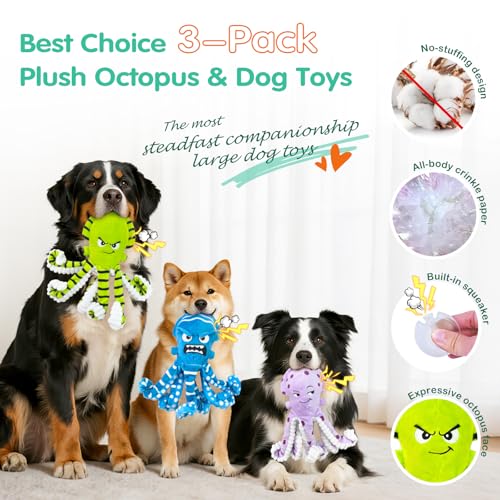 Fuufome Octopus Dog Chew Toys, 3 Pack No Stuffing Squeaky Interactive Crinkle Plush Toy for Puppy Small Medium Large Dogs, Toss & Fetch, Keep Dogs Busy