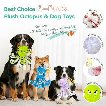 Fuufome Octopus Dog Chew Toys, 3 Pack No Stuffing Squeaky Interactive Crinkle Plush Toy for Puppy Small Medium Large Dogs, Toss & Fetch, Keep Dogs Busy