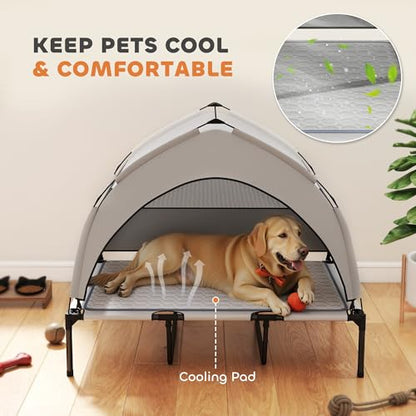 PawHut Elevated Dog Bed with Cooling Pad, Raised Outdoor Pet Bed with Removable Canopy, Breathable Mesh, Storage Bag, Portable Pet Cot for Indoor Outdoor Large Dogs, 42" x 30" x 37", Light Gray - size: 3.5' L x 2.5' W x 3.1' H