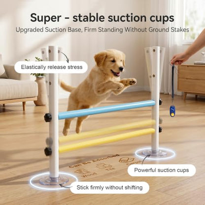 Wooden dog obstacle course indoor,Dog Agility Equipment with Suction Cups, Adjustable Puppy Play Gym Agility Hurdles,3-in-1 Dog Training Toys for Small Dogs, Portable Indoor Starter Kit with Guide