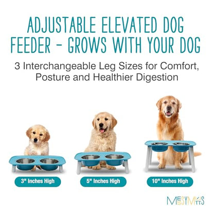 Messy Mutts Elevated Double Feeder with Stainless Bowls | Adjustable Height 3”, 5”, or 10” | Adjustable Standing Feeder for Dogs | 5 Cups per Bowl | Blue - color: Blue