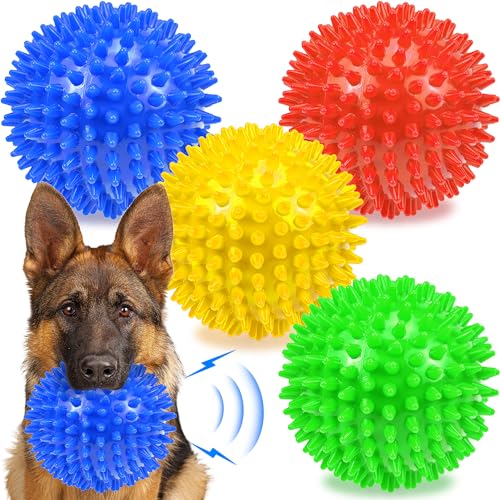 Dog Balls 4.5” Squeaky Dog Toys Spikey Ball for Aggressive Chewers Heavy Duty Teething Large Medium Durable Dogs Balls (4 Pack) - size: 4.5 Set of 4