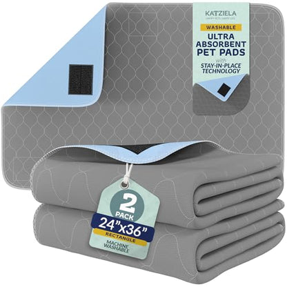 Katziela Quick-Drying Washable Pee Pads for Dogs Waterproof Reusable Puppy Pads with Hook & Loop Corners for Pet Potty Training, Daycare -Machine Washable Dog Pee Pad (24x36, 2, 2 Pack) - size: 24x36
