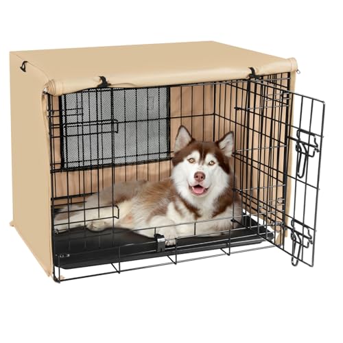 Seiyierr Dog Crate Cover - Kennel Cover Fit for 36 Inch Dog Crate, Double Door Polyester Crate Cover for Wire Dog Crate Indoor Outdoor Protection, Light Tan - color: Beige (with window), size: 36 Inch