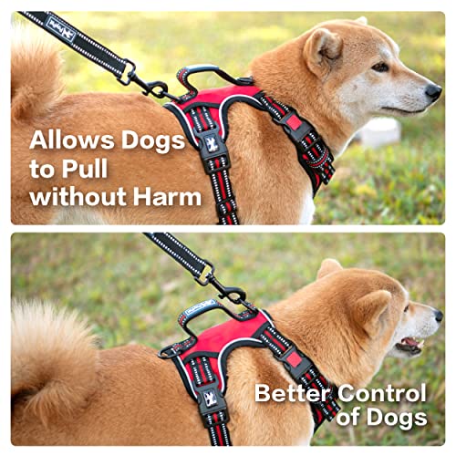 PoyPet No Pull Dog Harness, No Choke Front Clip Reflective Dog Vest with Soft Padded Vertical Handle, 3 Leash Attachments for Small Medium Large Dogs (Red,L) - color: Red, size: Large