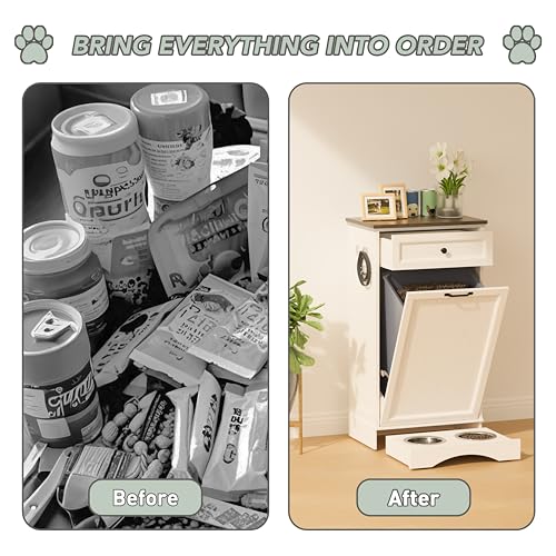 FIMELLO 21 ''WX 13''DX39''H Dog Feeding Station with 2 Feeding Bowls, Tilt-Out Dog Food Storage Cabinet with Drawer,Pet Feeder Cabinet,White Grain - color: White Grain, size: 21 inches