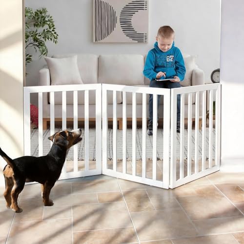 Dog Gate Indoor, Freestanding Dog Fence for The House, Doorways, Hallways,or Stairs,Pet Gate Foldable Wooden,Expandable 24" Height 3 Panels,White - color: White, size: 【3 Panels】60‘’w x 24''h