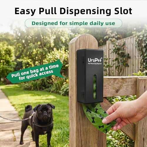 URSPET Dog Poop Bag Dispenser with 4 Rolls, Wall Mount Pet Waste Holder | Stick-On or Screw-On, Viewing Window, Easy Bag Pull, Flip-Top Refill, 60 Bags Included, Indoor and Outdoor Use - color: Black