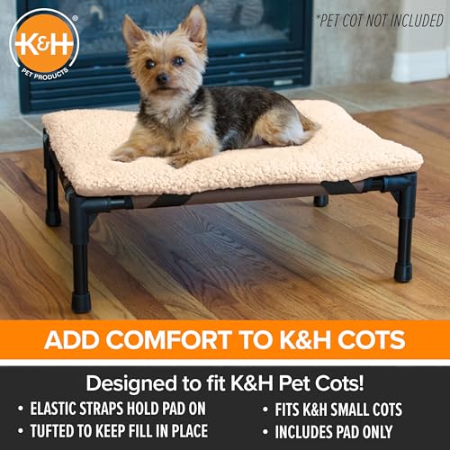 K&H Pet Products Dog Cot Pad (Cot Sold Separately), Pillow-Top Comfort Bed for K&H Small Elevated Dog Beds, Soft & Fluffy, Secure Fit Straps, Machine Washable, Portable - Small 22 X 17in Tan Fleece - size: Small (17 in x 22 in)