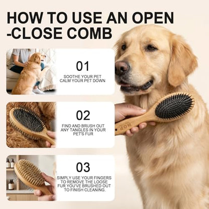 2-in-1 Double-Sided Dog Brush with Bamboo Handle Pin&Bristle Dog Hair Brush Pet Grooming Tool for Dogs and Cats Remove Loose Hair Knots Tangles