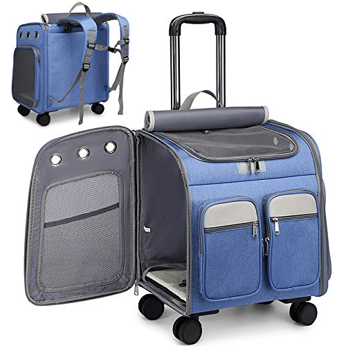 Wheeled Pet Carrier Backpack Pet Stroller, Travel Carrier, Car Seat for Small Dogs Cats Puppies, Comfort Cat Backpack Removable Rolling Wheels – Mesh Ventilation Windows (Large Blue) - color: Large Blue