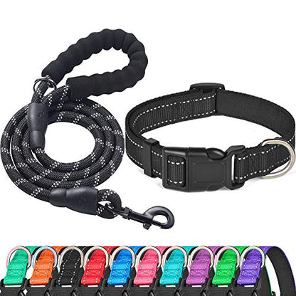 Ladoogo Reflective Dog Collar Padded with Soft Neoprene Breathable Adjustable Nylon Dog Collars for Small Medium Large Dogs (Small (Pack of 1), Black Collar+Leash) - color: Black Collar+Leash, size: Small (Pack of 1)