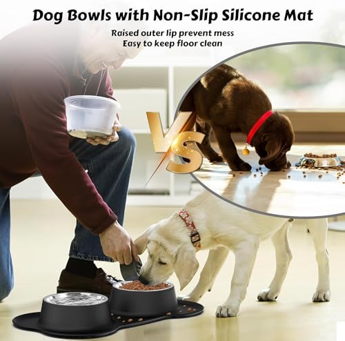 AsFrost Dog Food Bowls Stainless Steel Dog Bowls with No Spill Non-Skid Silicone Mat, Dog Food and Water Bowl Set, Dog Dishes for Small Medium Large Sized Dogs Pet Food Feeding Bowls, 4 Cup, Black - color: Black, size: 4¾ Cup/38 oz each