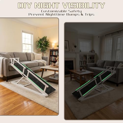 Dog Ramp for Bed - 7-Level Adjustable (13"-37") Birchwood, 60" Foldable Soft Carpet Ramp with Removable Washable Cover & Rails, for High Bed/Couch, DIY Glow Strips, Supports 200 Lbs - color: White - Carpet Style