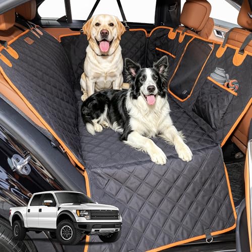 Hard Bottom Waterproof Dog Seat Cover Hammock for Full Size Truck | 900D Oxford bite-proof & waterproof. 35D sponge pad protects dog joints. Extra-wide hard bottom supports 600lbs. Mesh window - size: XL-For Large SUVs/ Full Size Trucks
