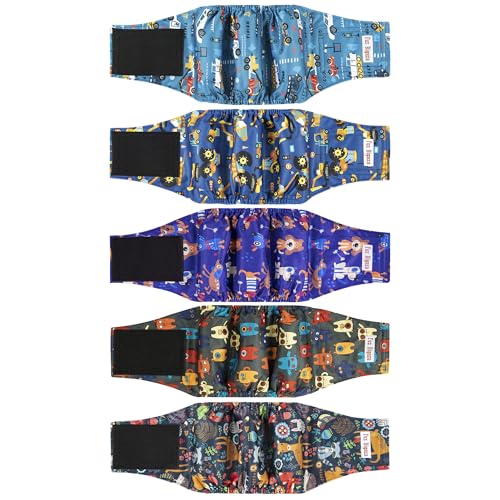 5 Pack Male Dogs Diapers, Washable Reusable Premium Belly Bands for Male Dogs, High Absorbing Male Dog Pee Wraps for Doggie in Incontinence or Excitable Urination and Training Middle - color: Cute Robot, size: Medium (15"-17")