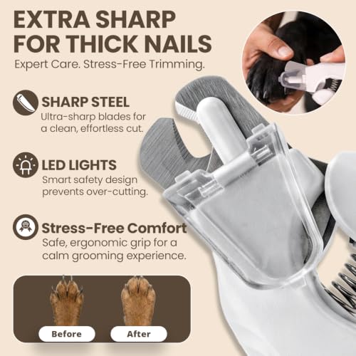 2-in-1 Dog & Cat Nail Clippers with Light, USB Rechargeable Pet Nail Trimmer, Safety Guard to Prevent Overcutting, Sharp Blade for Thick Nails, Quiet Grooming Tool for Large Small Pets - color: white