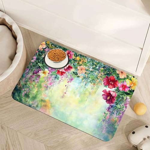 Abstract Spring Flowers Dog Food Mat for Floors,Blossom Ivy Colorful Absorbent Pet Food and Water Bowl Mats,Non-Slip Pet Feeding Mat,Pet Supplies 12" x 20" - color: Abstract Spring Flowers, size: 20"L x 12"W