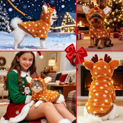Christmas Dog Sweater with Hood Elk Costume Hoodie Soft Fleece Winter Warm Puppy Clothes for Small Dogs XS-XXL, Christmas Outfit for Cats & Dogs(Brown,Reindeer,Large) - size: Large