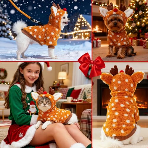 Christmas Dog Sweater with Hood Elk Costume Hoodie Soft Fleece Winter Warm Puppy Clothes for Small Dogs XS-XXL, Christmas Outfit for Cats & Dogs(Brown,Reindeer,X-Small) - size: X-small