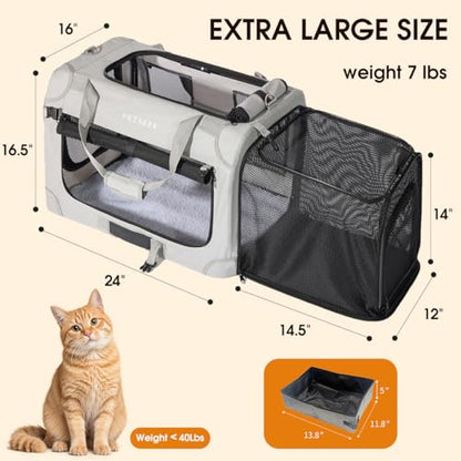 Extra Large Expandable Cat Carrier Soft Sided for Car, Portable Small Dog Carrier for 2 Cats, 24"x16.5"x16" Road Travel Folding Comfortable Design with Litter Box and Bowl