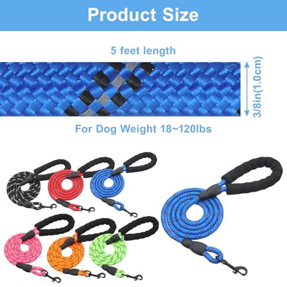 6 Pcs Heavy Duty Rope Dog Leash, 5 FT Nylon Pet Leash with Reflective Thread, Soft Padded Handle Thick Lead Leashs for Large Medium Dogs Small Puppy,0.4inch X 5 FT (18~120 lbs)