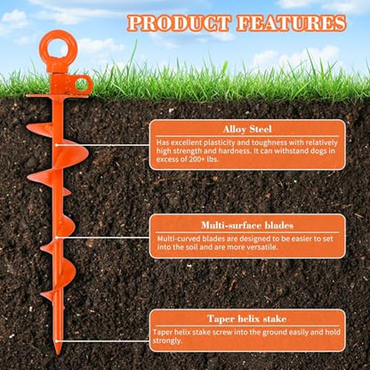 15'' Dog Tie Out Stake for Large Dogs up to 220lbs Heavy Duty Screw-in Dog Stakes for Yard, Beach Camping Outside Ground Stakes for Dog Cable, Leashes, Dog Ground Anchor with 360° Swivel