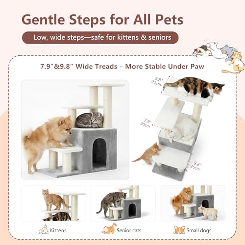 Heybly Cat Scratching Post, Sturdy Pet Stairs & Steps for Indoor Cats and Dogs, Small Cat Tree with Cat Condo, Full Wrapped Sisal Posts & Soft Rabbit-Like Plush Fabric, Light Gray & White HSP002SWWH - color: Light Gray