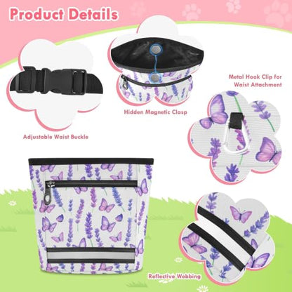 Lavender Water-Resistant Dog Treat Pouch, 3 Ways to Wear Treat Bag with Magnetic Closure & Reflective Strip, Hands-Free for Pet Training, Walking