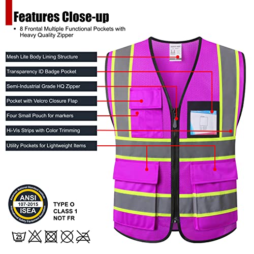 Reflective Safety Vest for Men Women Hi Vis Vest with 8 Pockets High Visibility Mesh Reflective Vest Meets ANSI/ISEA Standards (Purple-07, Medium) - color: Purple, size: Medium