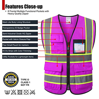 Reflective Safety Vest for Men Women Hi Vis Vest with 8 Pockets High Visibility Mesh Reflective Vest Meets ANSI/ISEA Standards (Purple-07, Large) - color: Purple, size: Large
