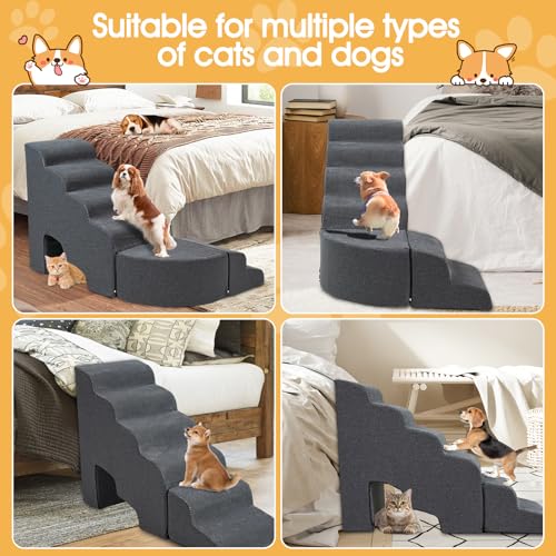 Dog Stairs for High Beds up to 30-36inch, A.FATI 6 Tiers Dog Steps Pet Stairs Adjust to Left Side of Bed, Non-Slip Pet Ramp for Small Dogs/Old Pets - color: Dark Grey L-shape 30" H