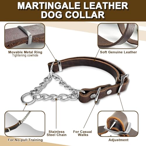 Leather Martingale Dog Collar, Soft Genuine Cowhide Handmade Assembled Stainless Steel Chain Martingale Collar Adjustable for Medium Large Dogs Pets. (M, Neck 19-24"(Martingale)) - size: M, Neck 19-24"(Martingale)